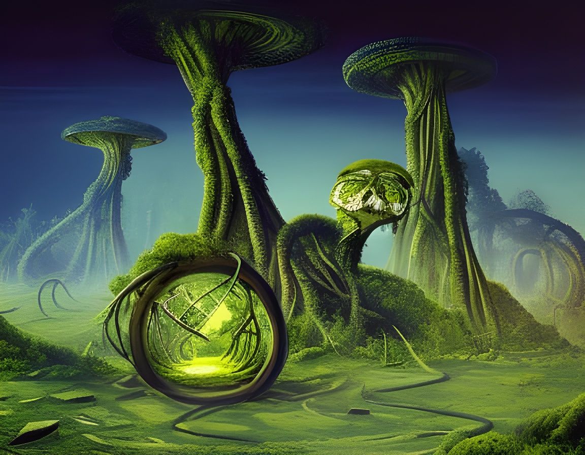 Astronaut in Alien City Ruins with Lush Vines