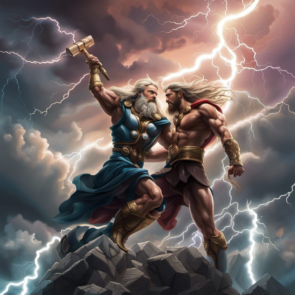 Epic Battle: Zeus vs Thor in Hyperrealistic Art