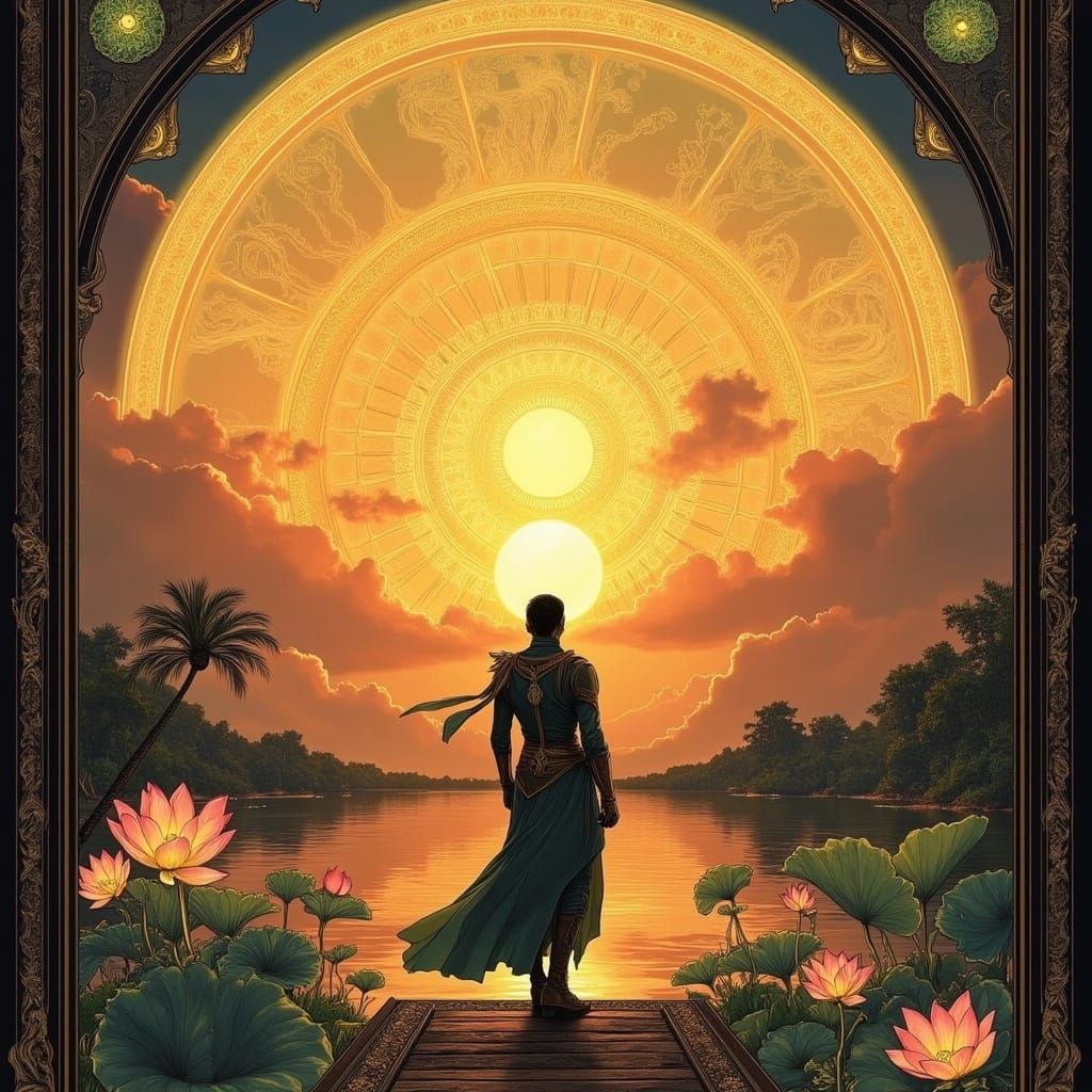 Dark Magic Sunset above the Lake and Lotuses