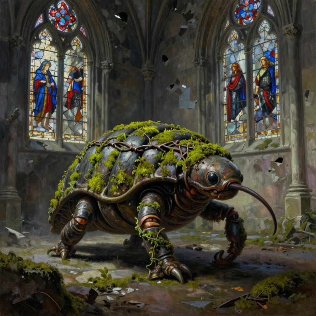 Giant Tardigrade Explores Ruined Gothic Cathedral