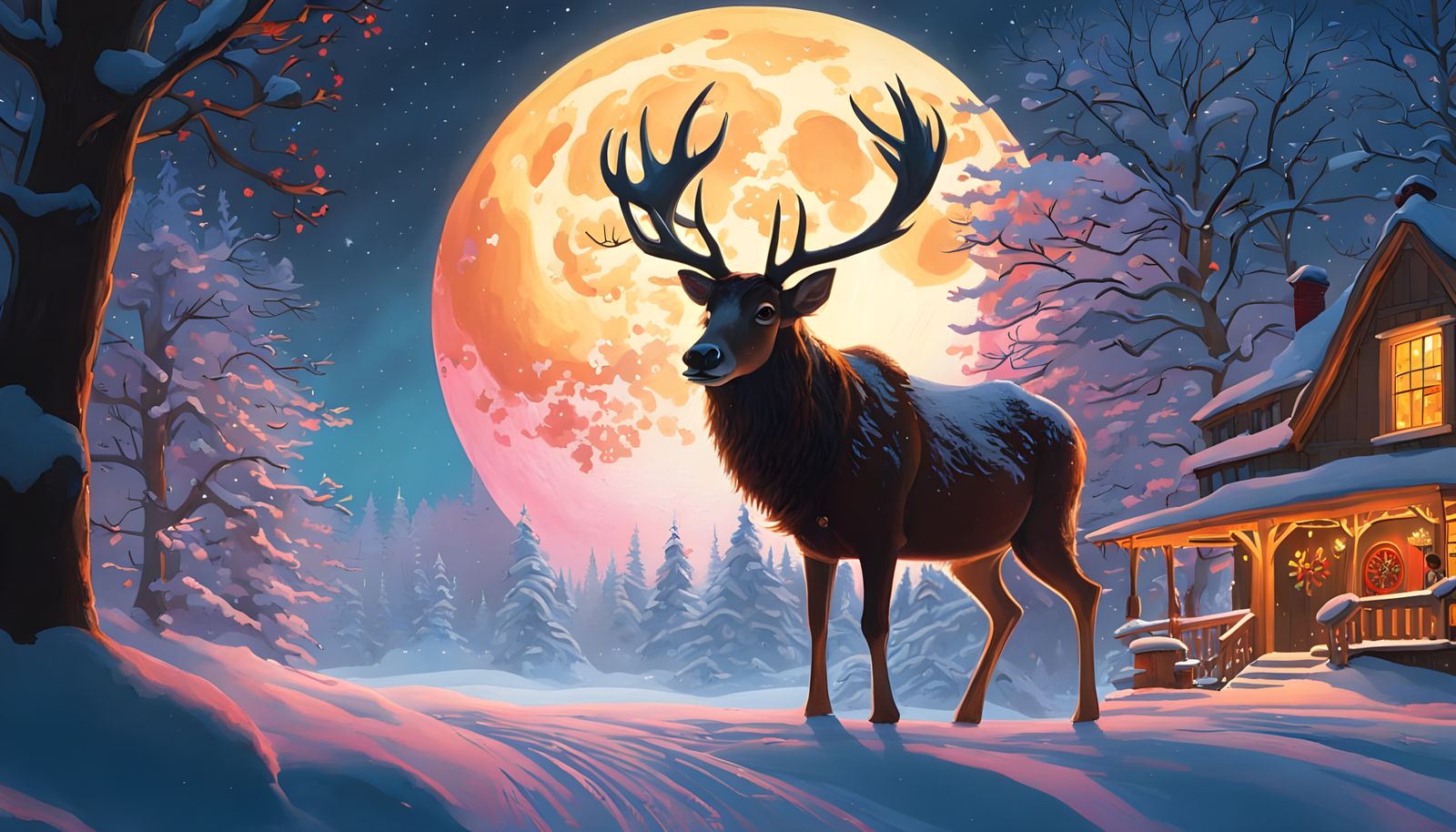 Winter Midnight Scene with Santa and Reindeer in 3D Cyberpun...