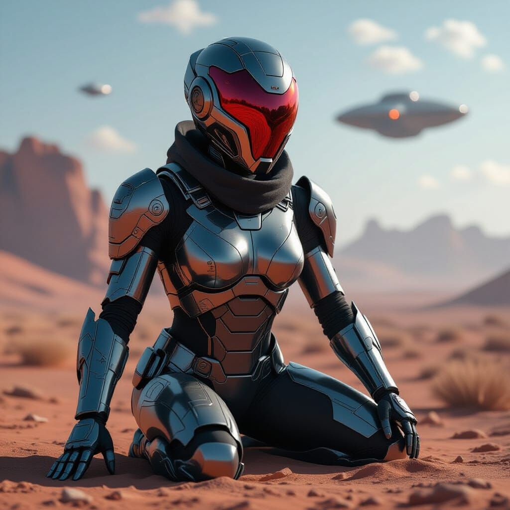 Cybernetic Warrior in Futuristic Dystopian Landscape