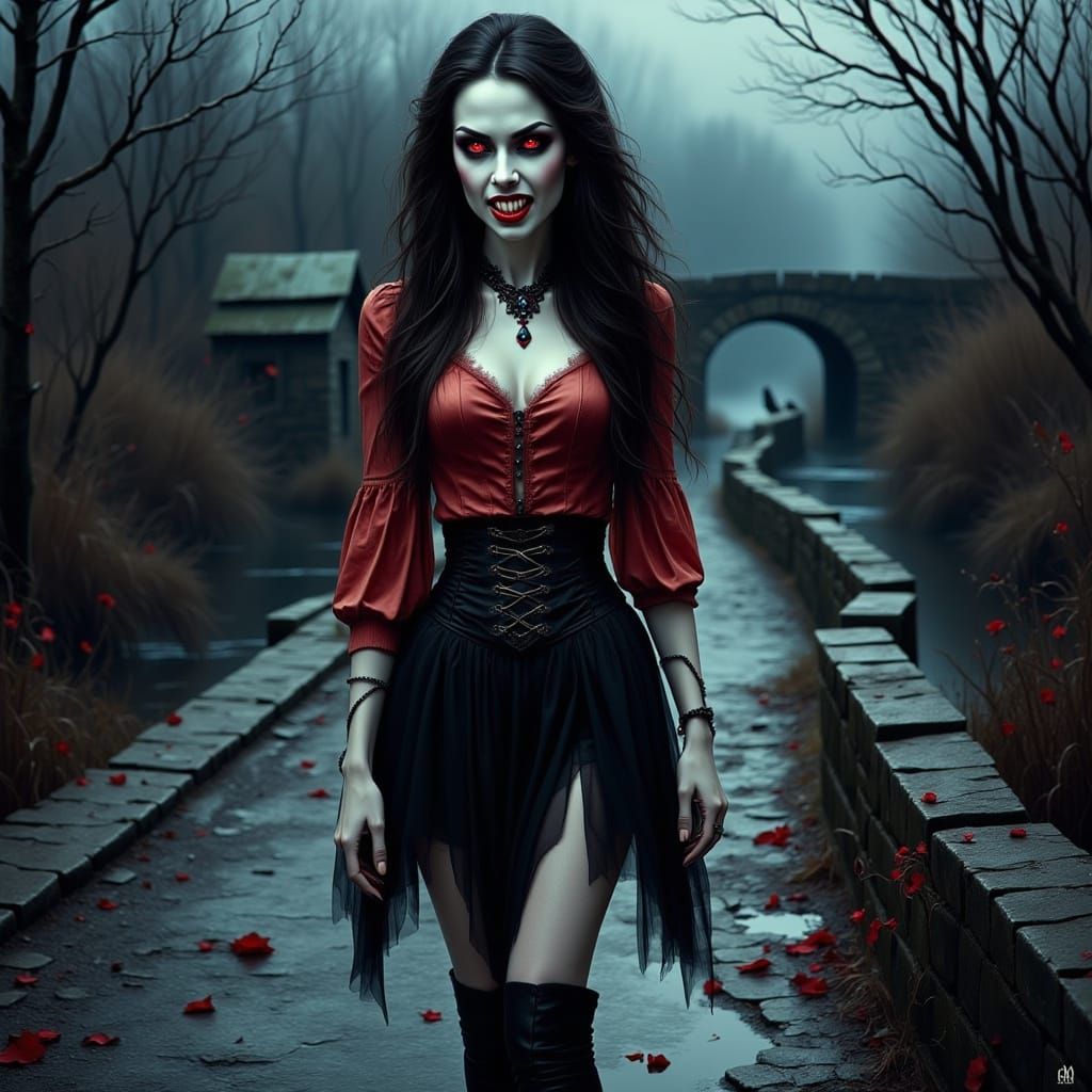 Gothic Vampire Woman with Red Eyes in Fairytale Illustration