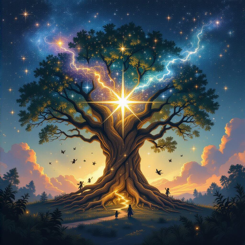 Colossal Tree with Roots in Nebula: Charcoal Drawing