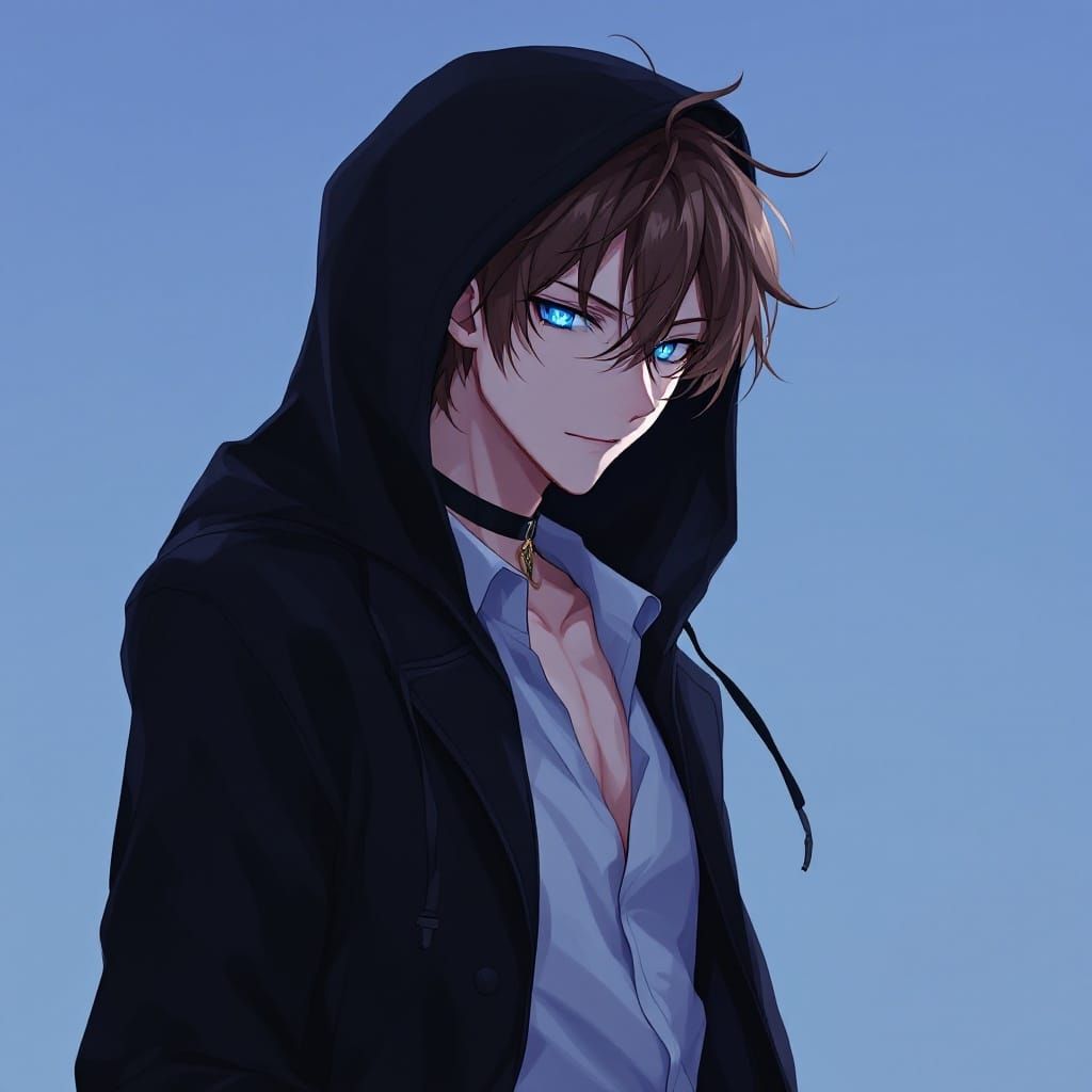 Anime Hero with Glowing Eyes in Hooded Jacket