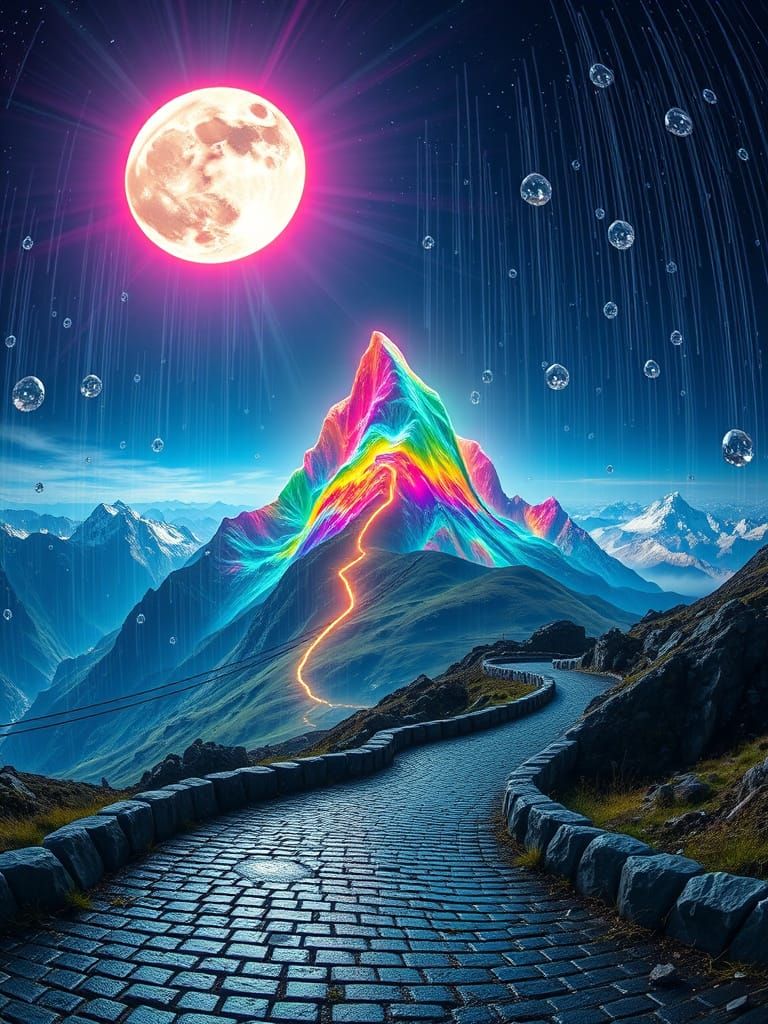 Rainbow Sun Illuminates Mountain Peak, Hyperrealistic Art