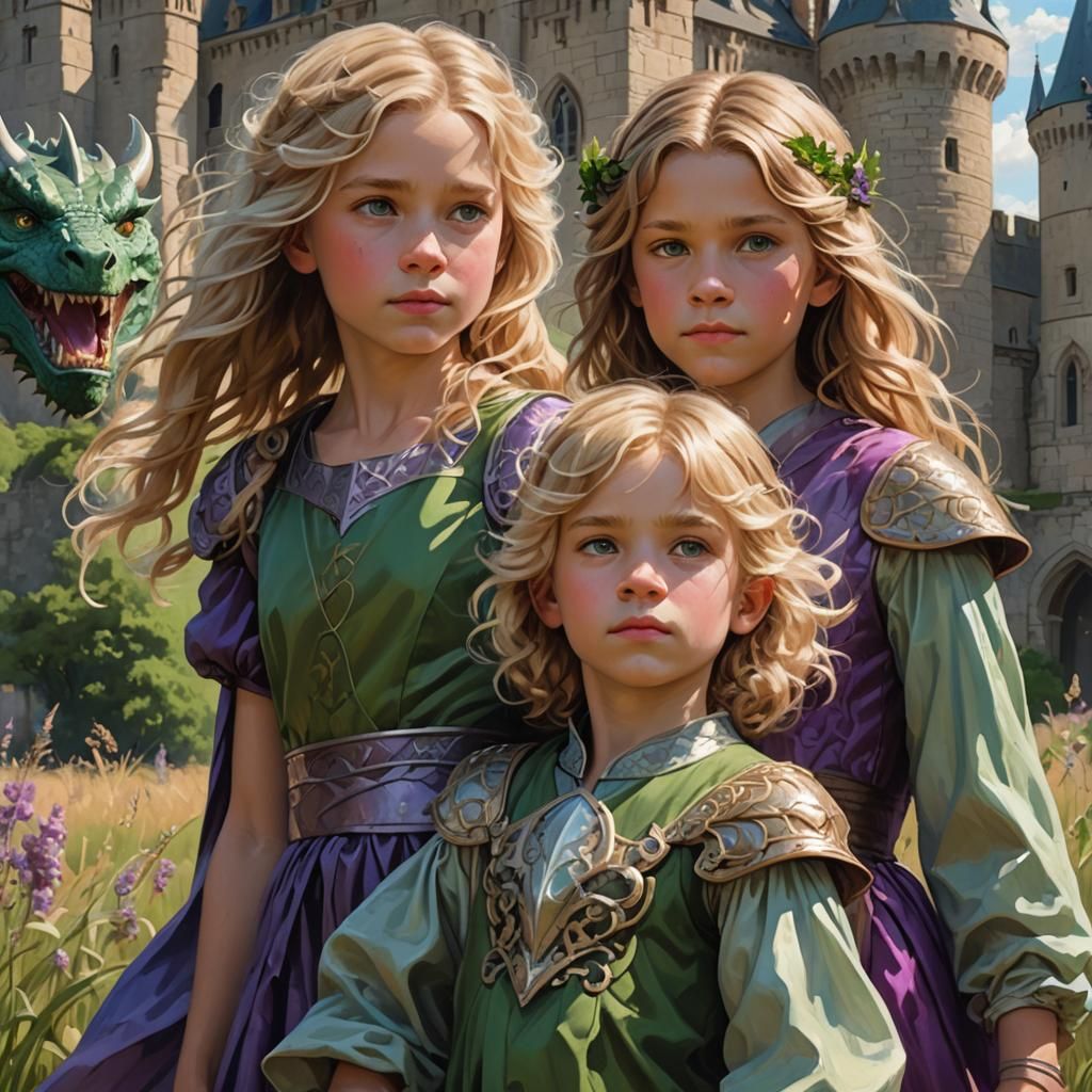 Siblings with Dragon in Fantasy Landscape, Art Nouveau Style