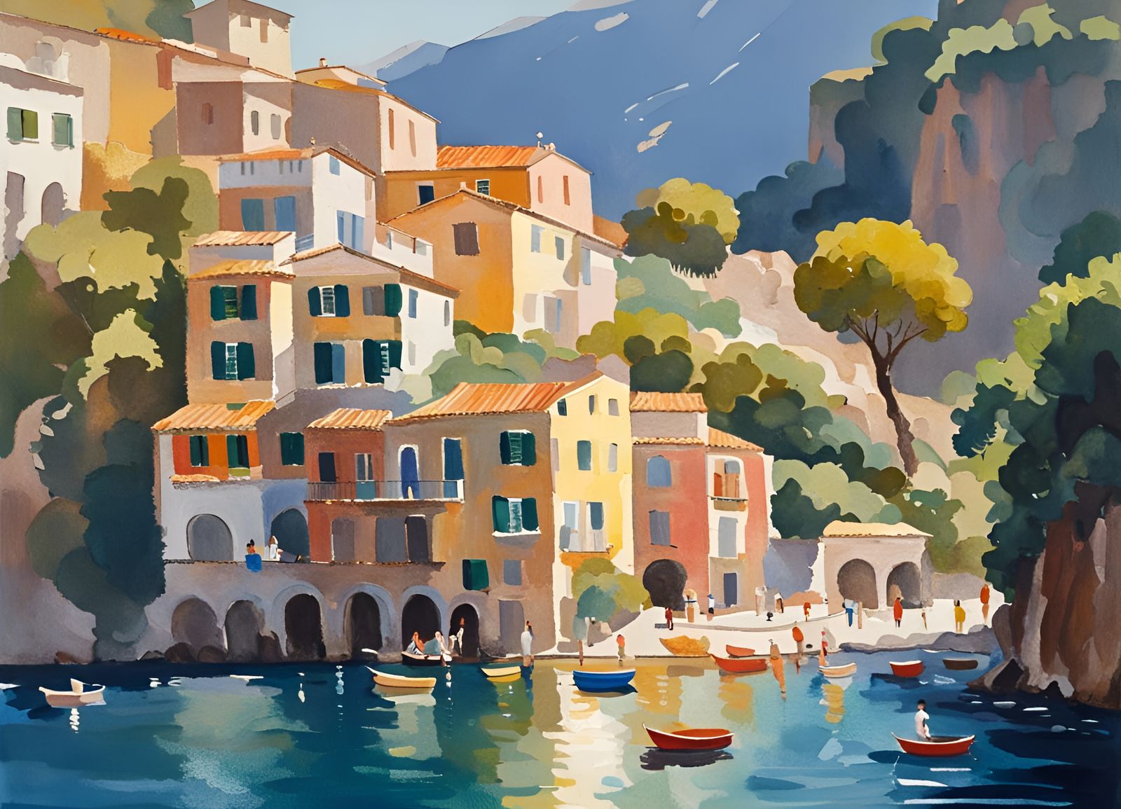 Amalfi Coast Summer Impressionist Gouache Painting