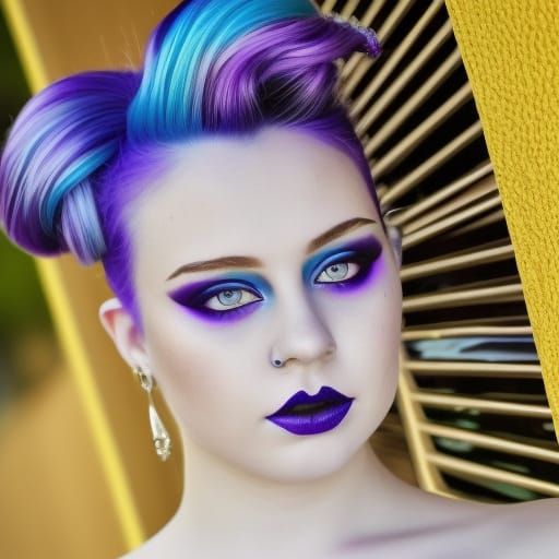 Ethereal Young lady with vibrant purple hair with vibrant blue highlights& vibrant purple eyeshadow with vibrant blue ac...