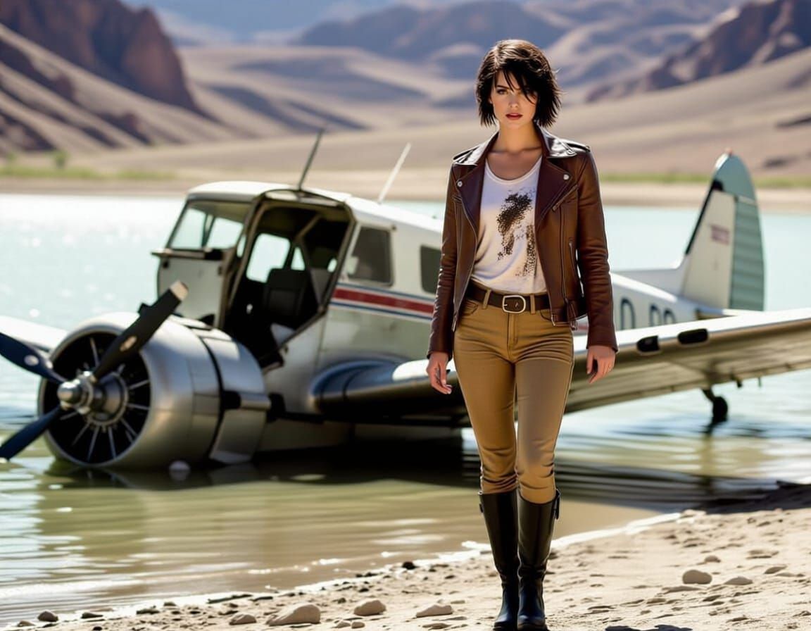 Woman Stands Undeterred on Crashed Aircraft Wing