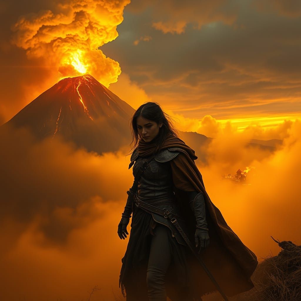 Conquistador Emerges from Mist Near Volcano