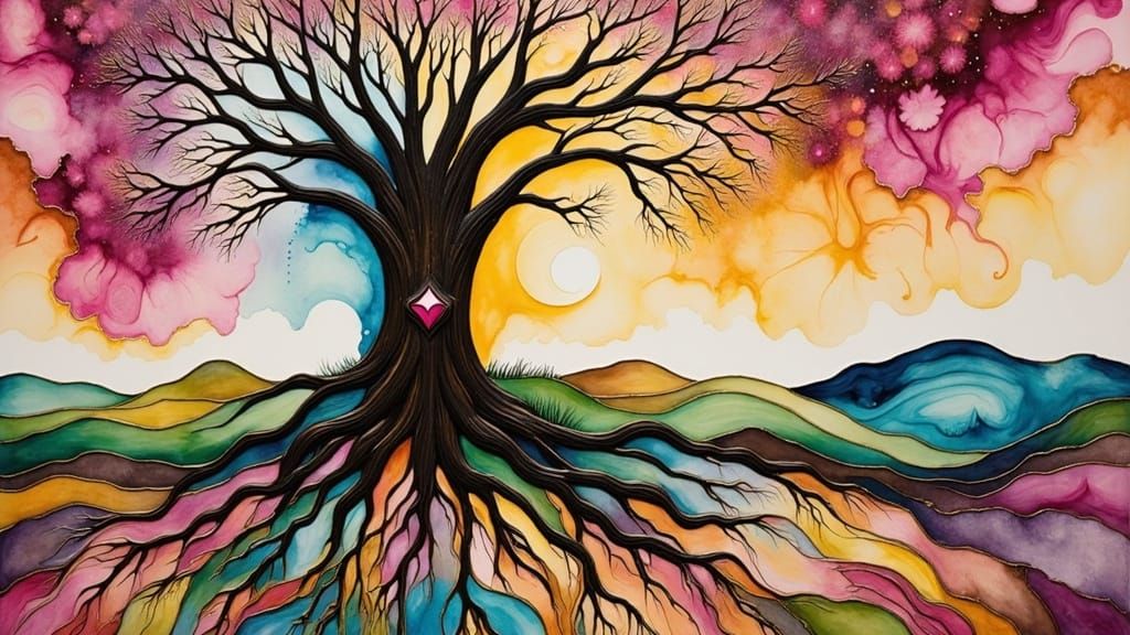 Whimsical Tree Roots in Watercolor and Alcohol Ink