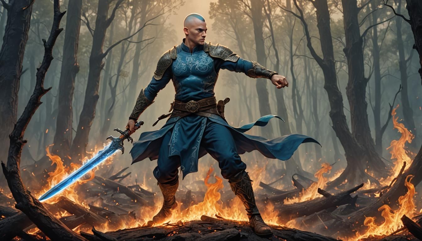 Hero with Blue Sword Against Forest Fire