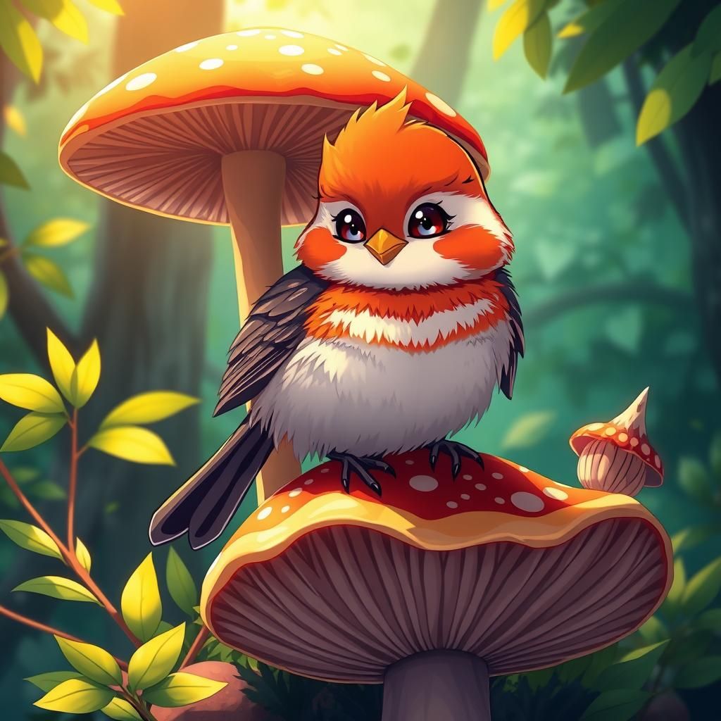 Anime Wren on Mushroom in Lush Forest