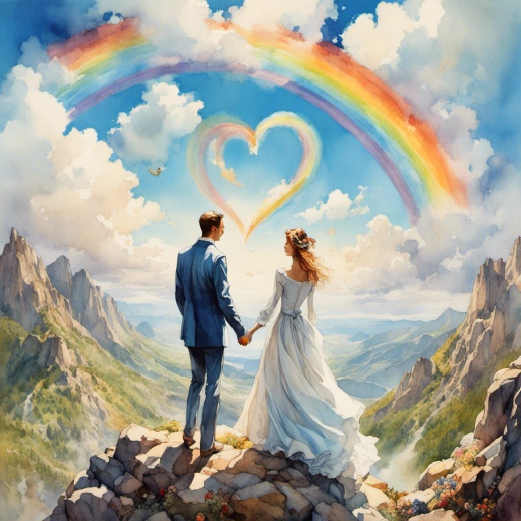 Couple Celebrates Anniversary with Rainbow, Watercolor Style