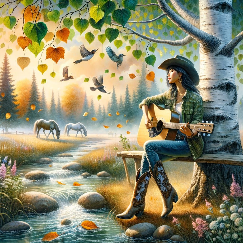 Musician Playing Guitar Under Birch Tree