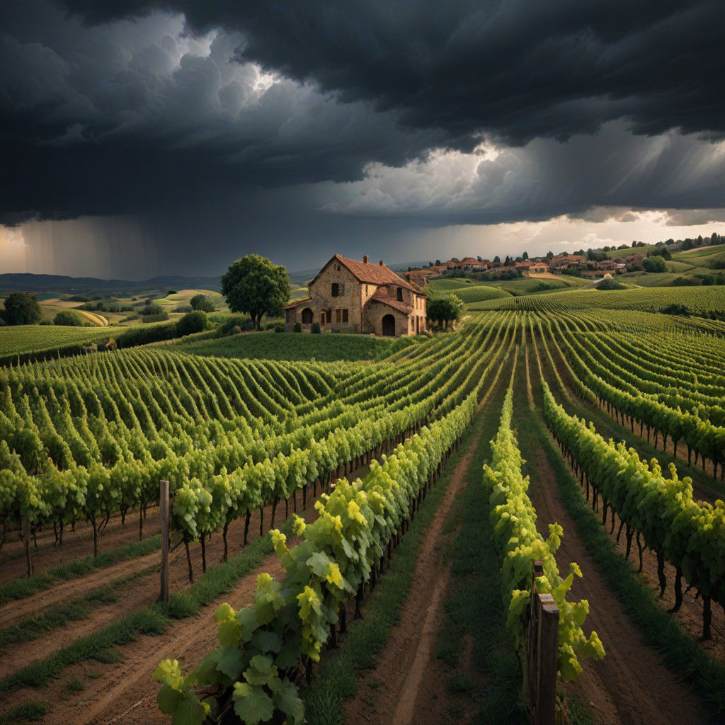 Cinematic Vineyard Scene Under Stormy Skies in Fantasy Art S...