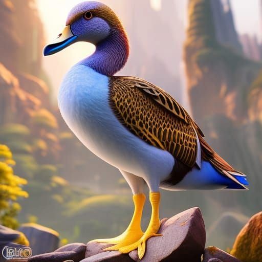 Blue and Yellow Duck: 3D Digital Art