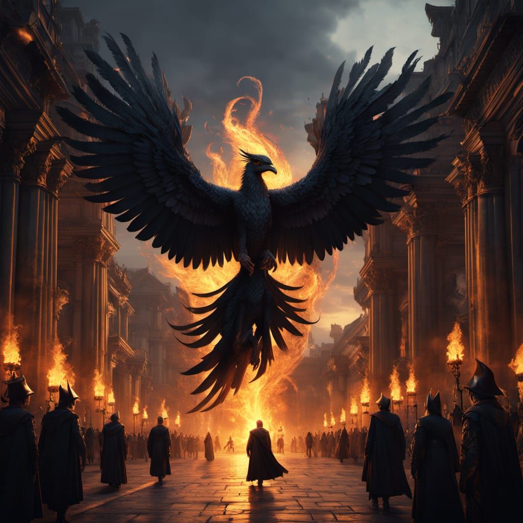 Dark Phoenix Rises Over Ancient City in Baroque Realism