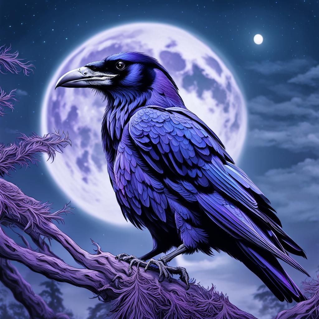 Hyperrealistic Raven at Night Under Moon, Moody Colors