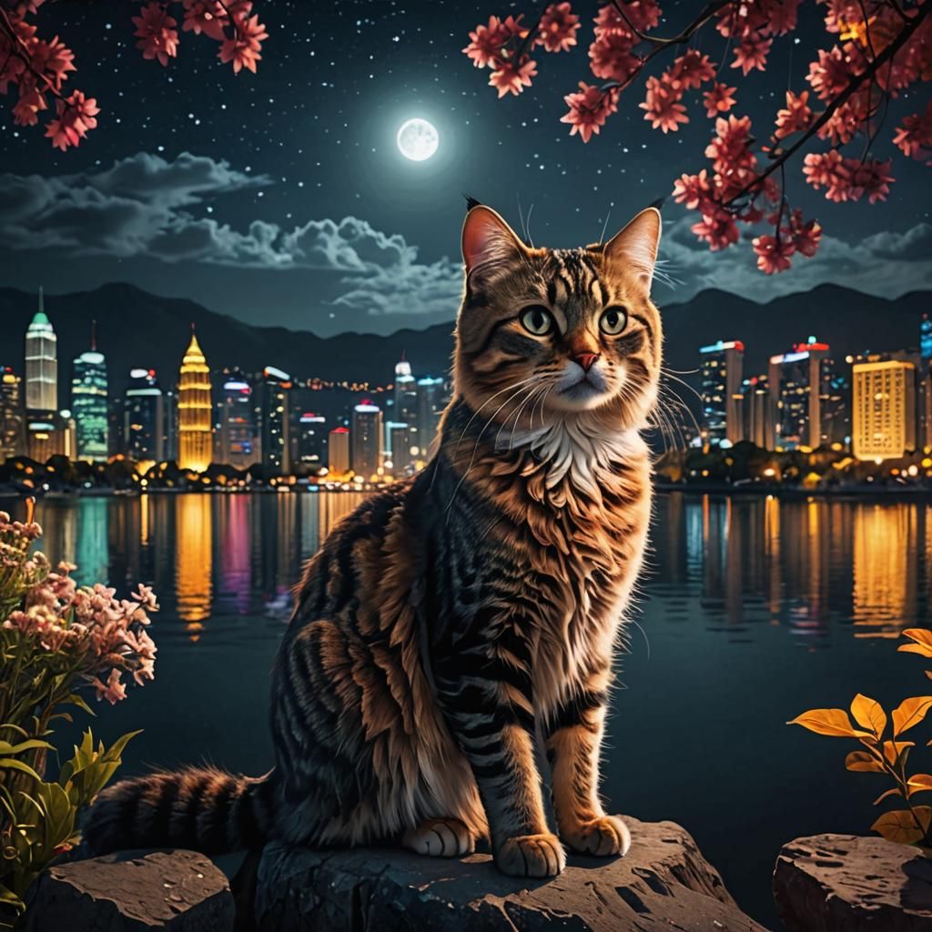 Mystical Cat Overlooking Epic City at Night