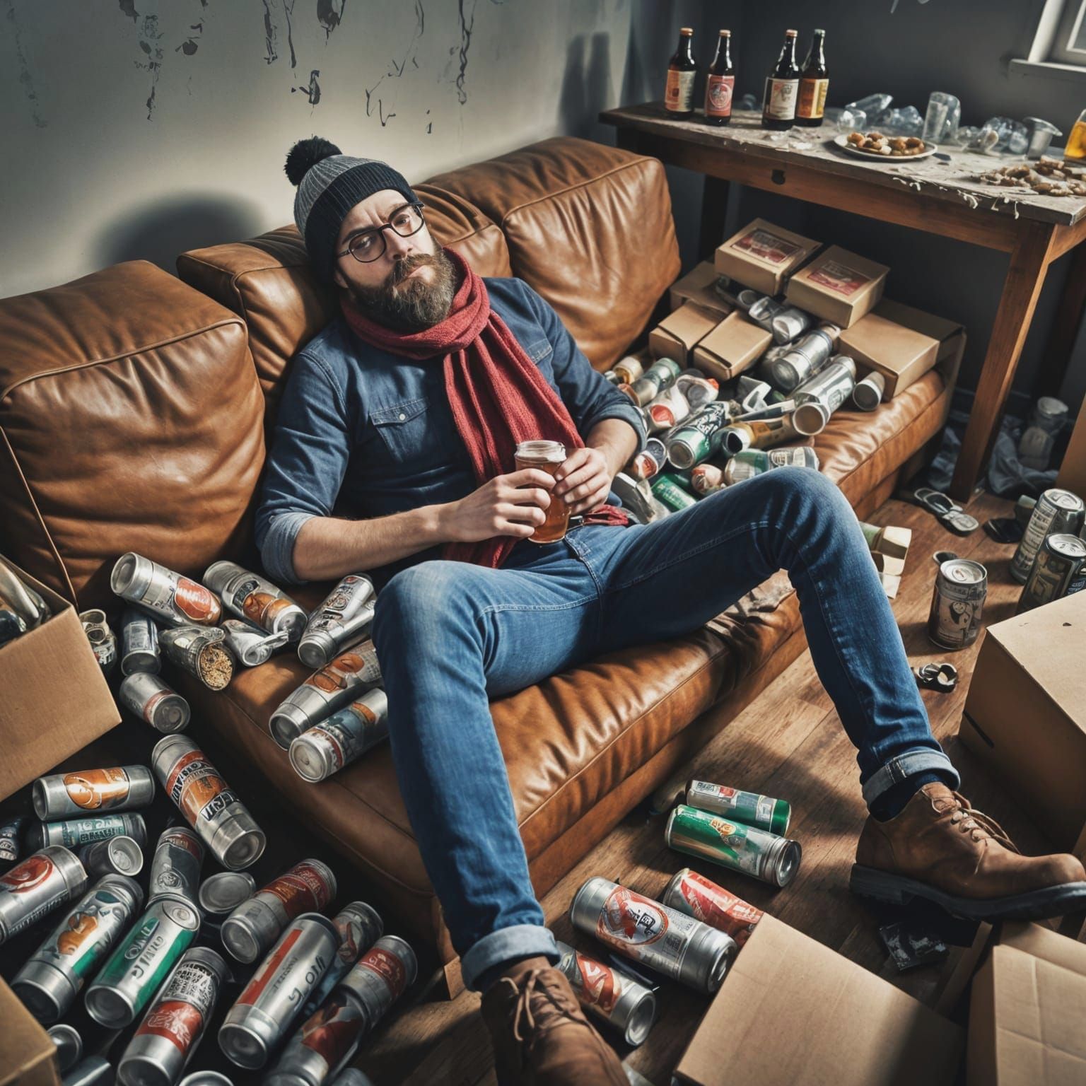 Sleeping Hipster in a Messy Post-Party Lair