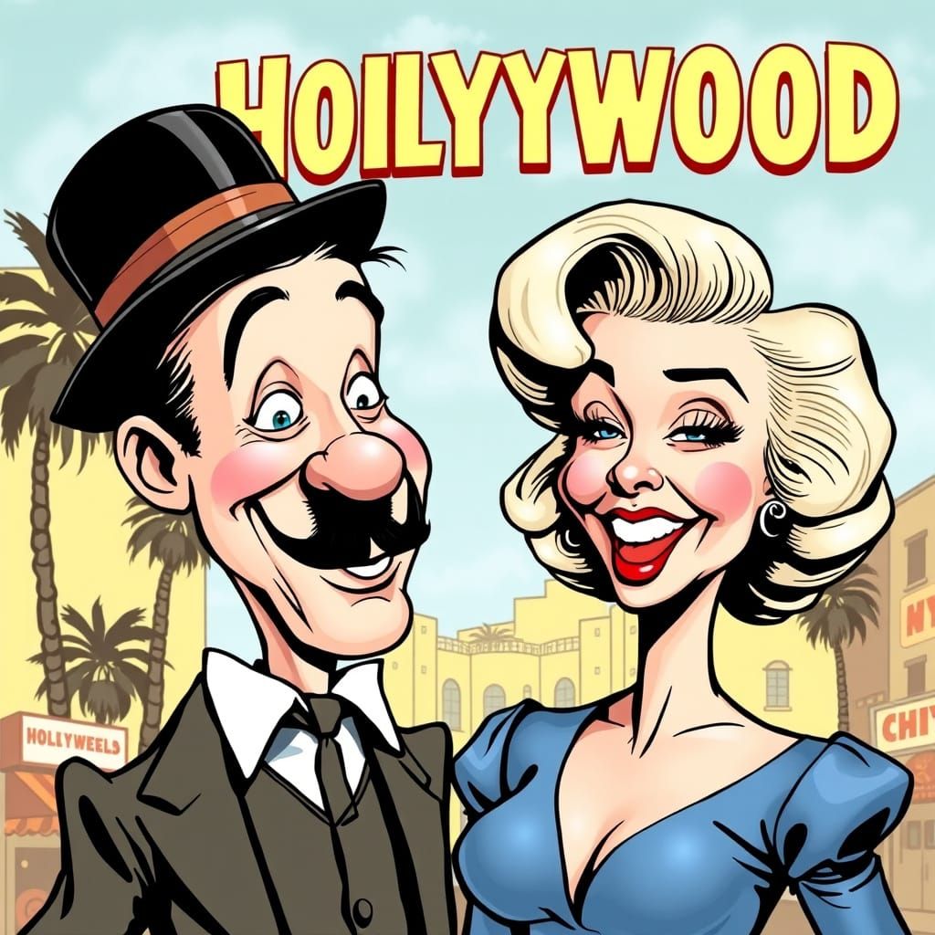 Humorous Caricature: Chaplin and Monroe in Hollywood