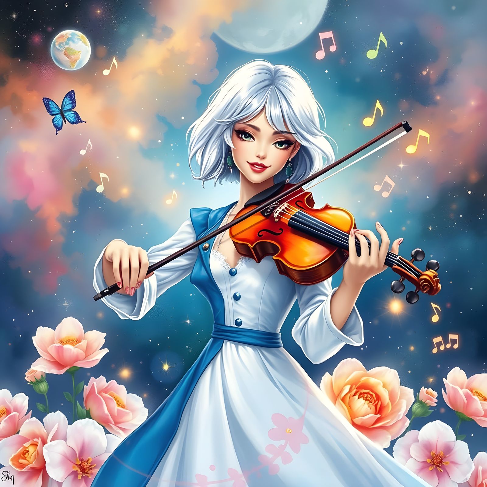 Whimsical Violinist with Magical Notes in Psychedelic Waterc...