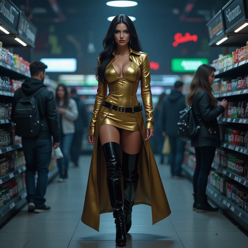 Brunette in Leather Boots Walks Gothic Supermarket