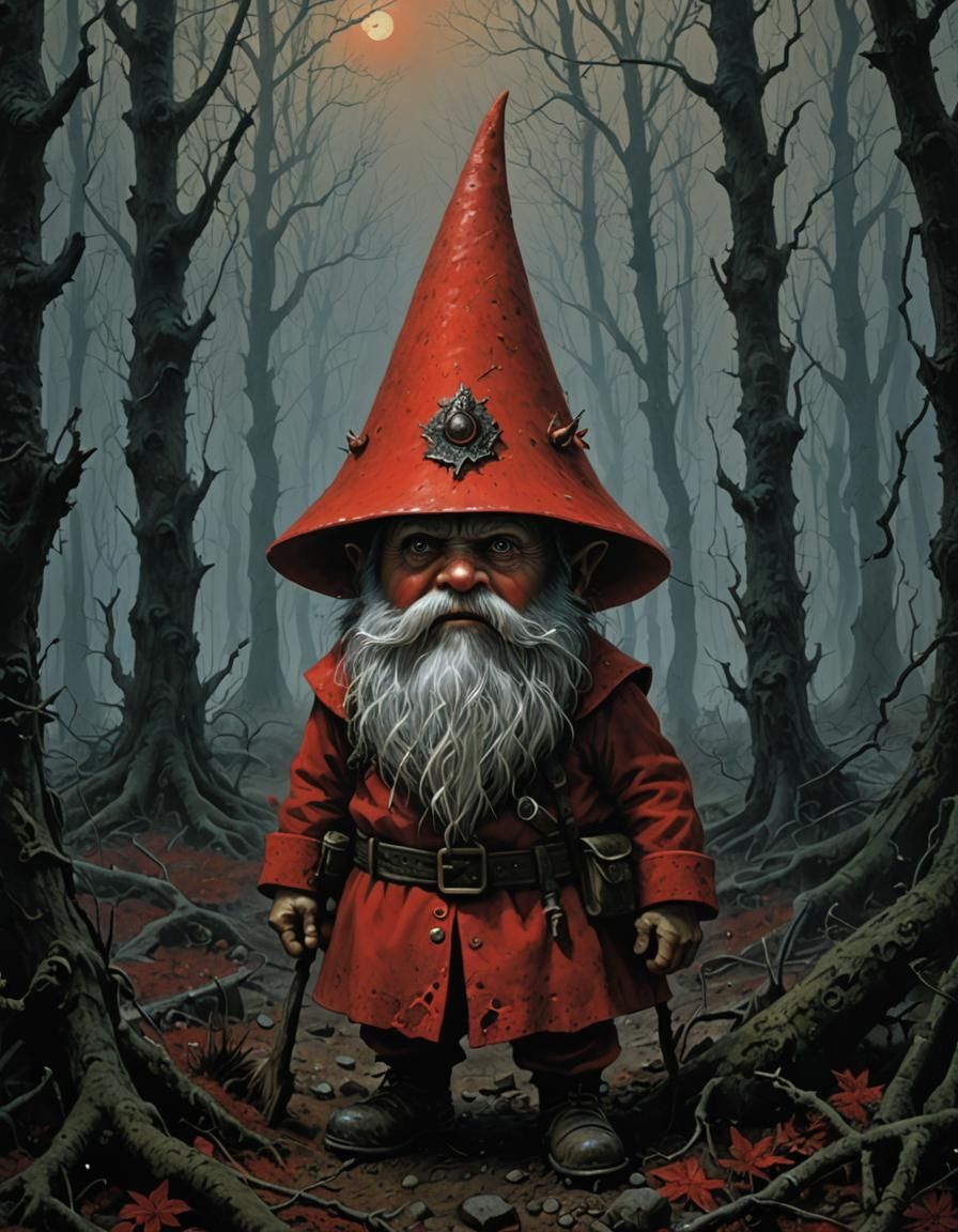 Angry Gnome in Dark Forest: Sinister Horror Art