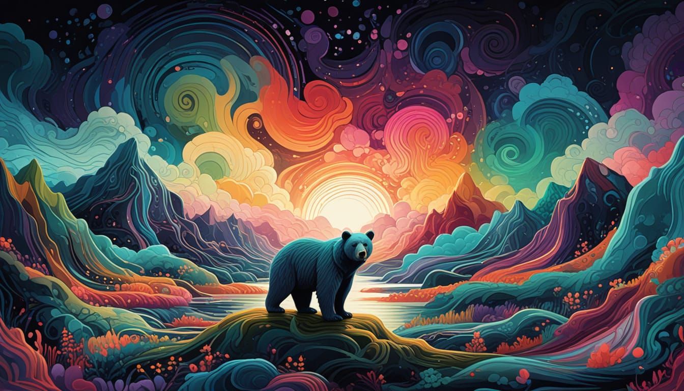 Fluffy Bear in Dreamlike Abstract Landscape