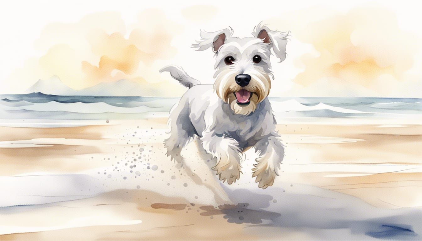 Happy Schnauzer Runs on Beach: Watercolor Storybook