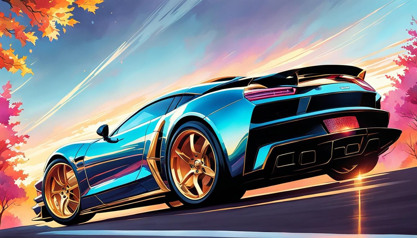 Gold Sports Car at Sunset in Comic Book Style