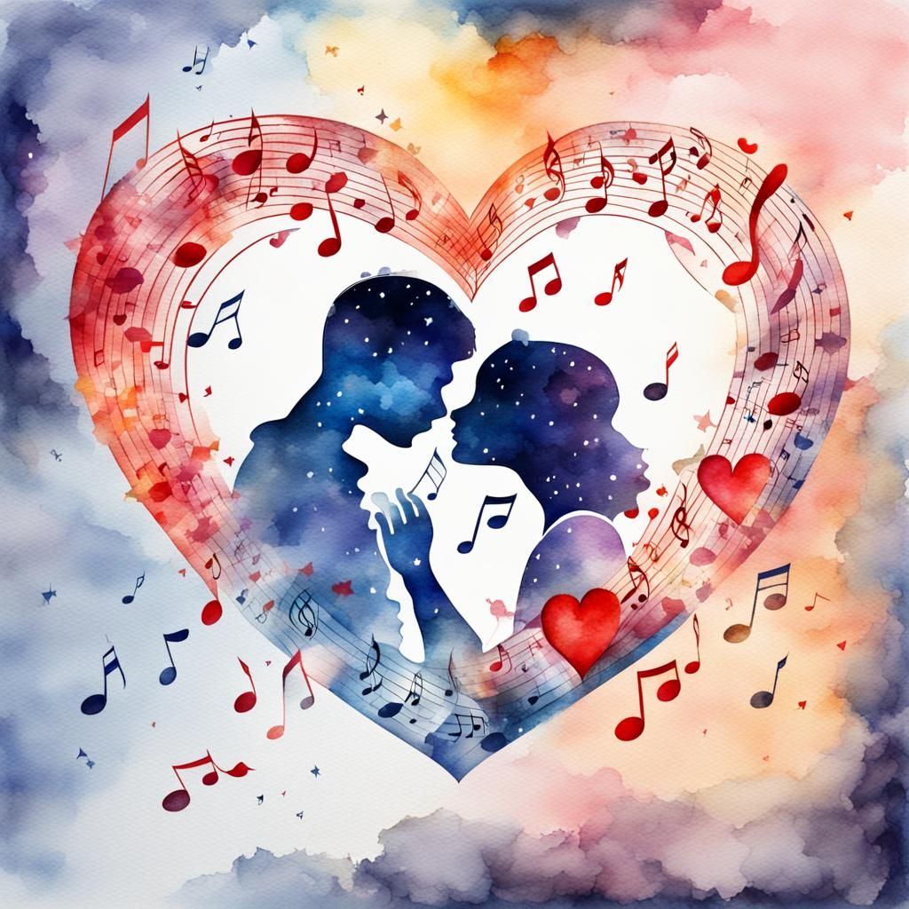 Musical Heart with Kissing Couple in Watercolor