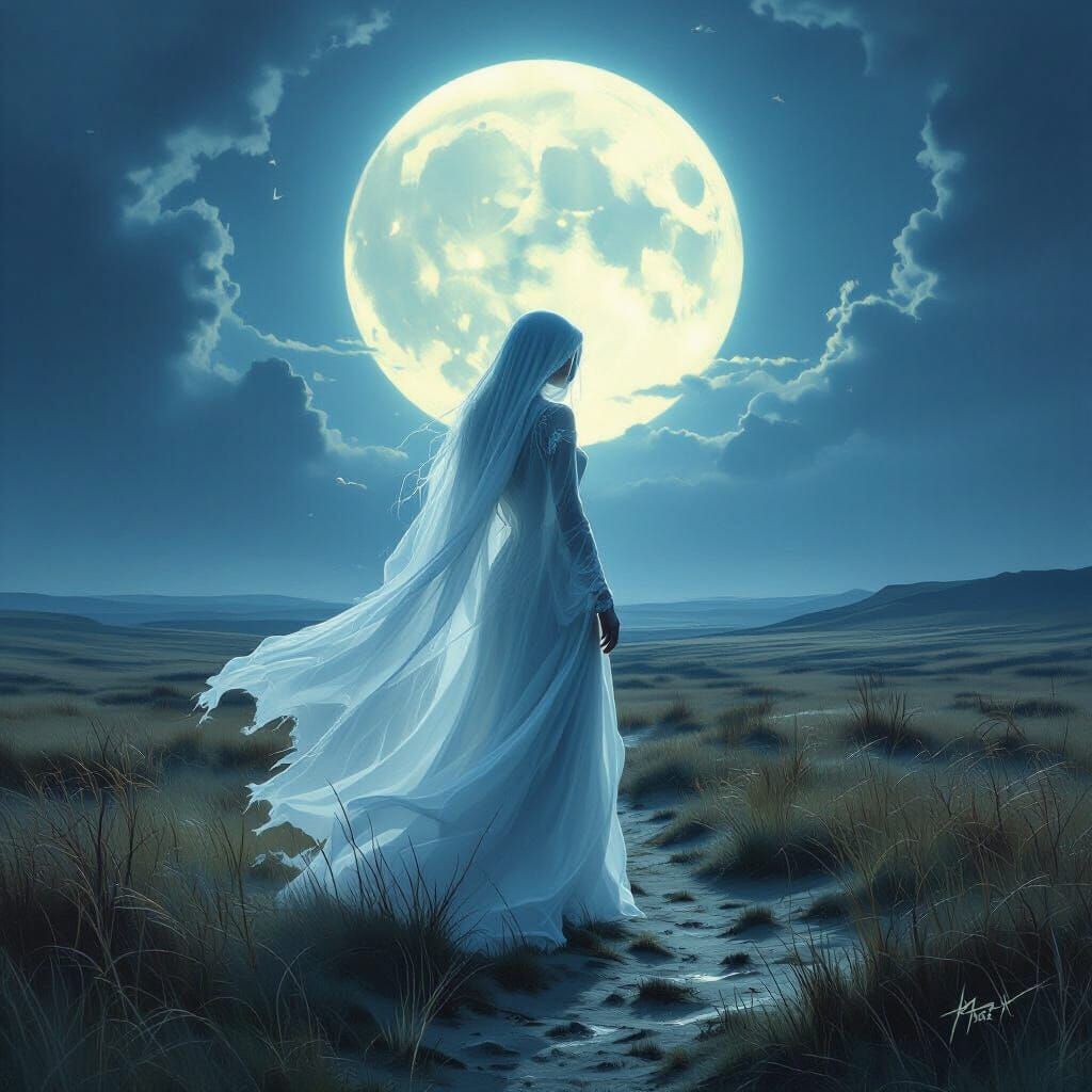 Ethereal Ghost Woman on Moors Under Full Moon