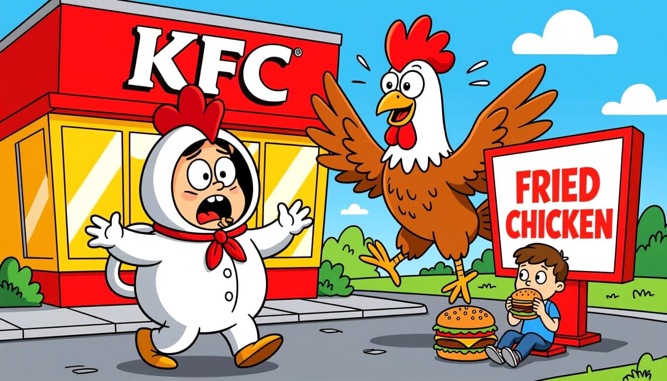 Terrified Teapot in Chicken Suit, Cartoon Style