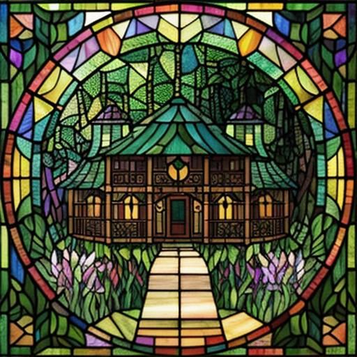 Fantasy Village in Stained Glass Rousseau Style