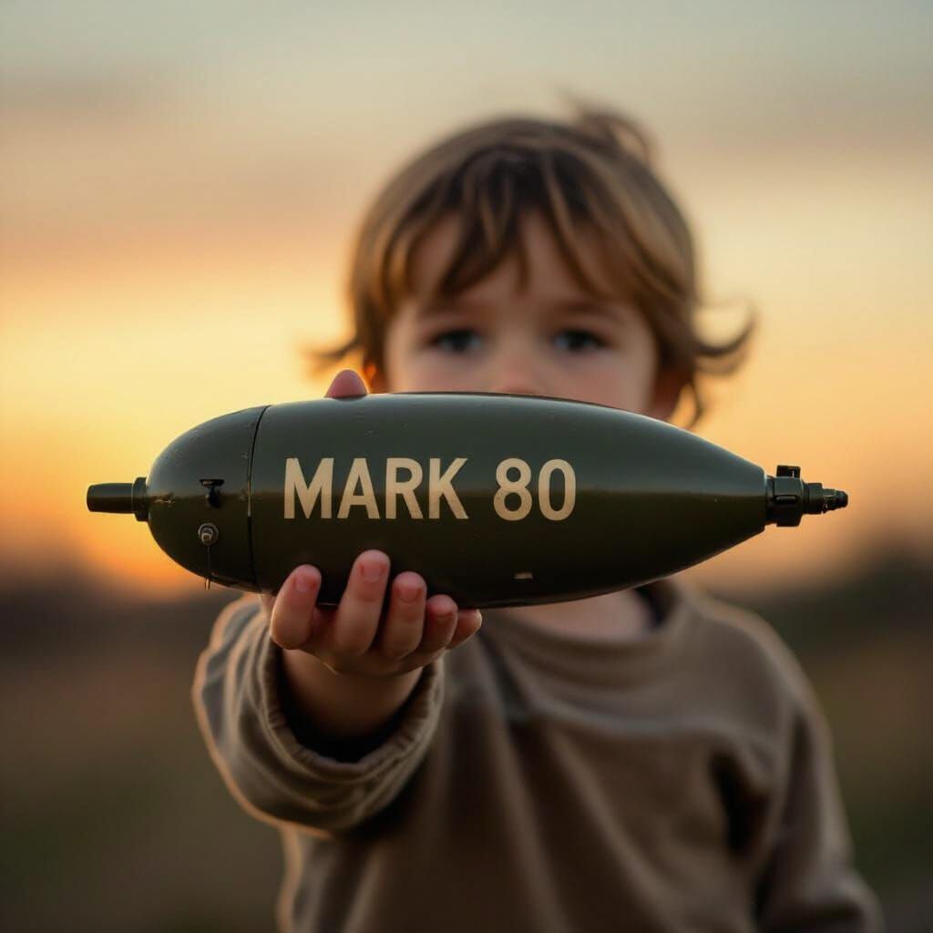 Child Gently Holds Bomb in Twilight Glow