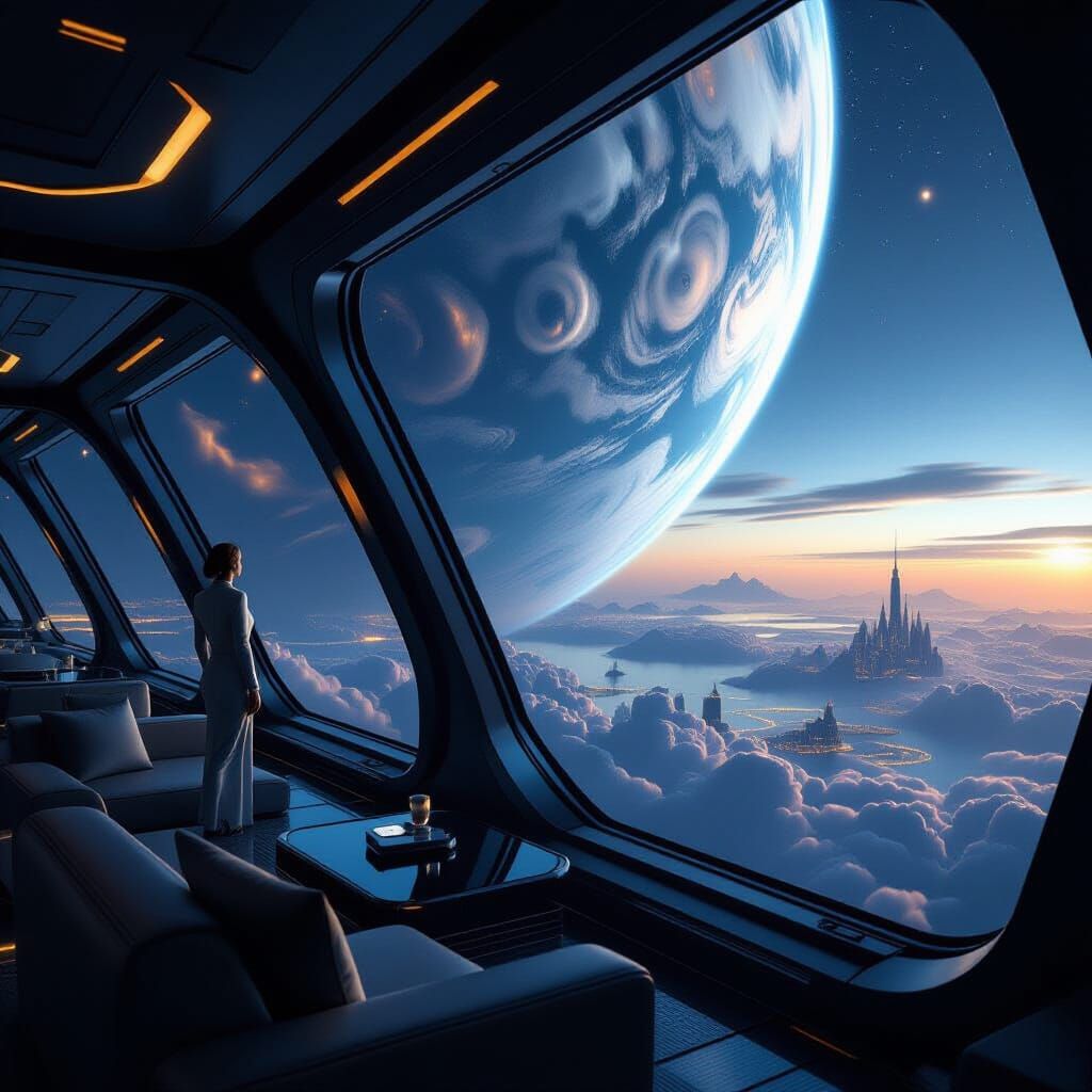 Luxury Space Liner Lounge Overlooking Alien Planet