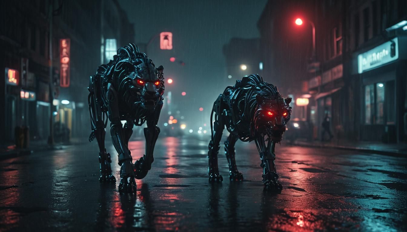 Cyberpunk Robotic Lion in a Neon Cityscape
