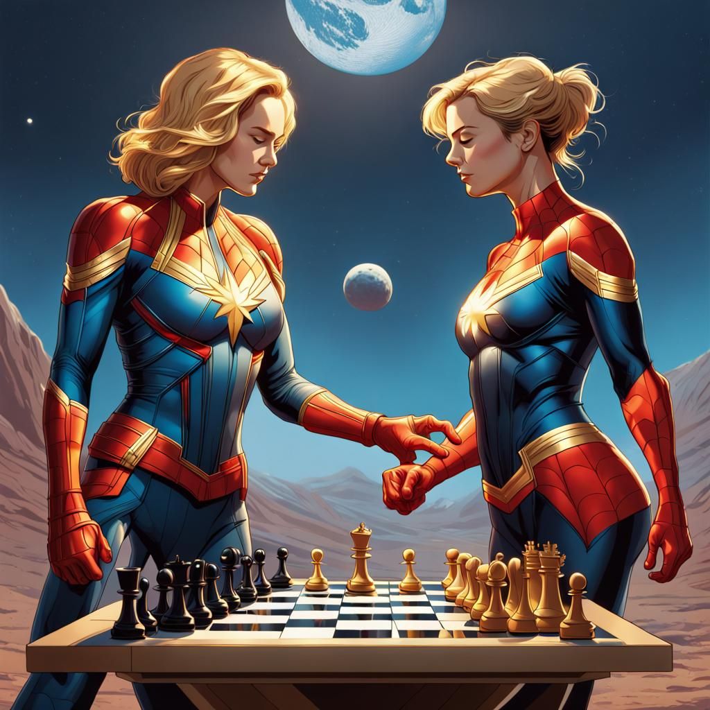 Captain Marvel and Spiderman Play Chess in Space