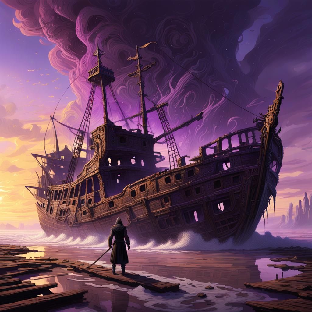Desolate Shore: Dark Fantasy Ruined Ship in Greg Rutkowski S...