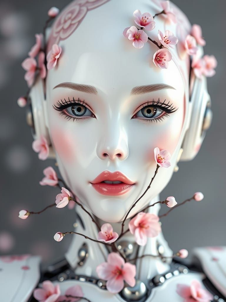 Kawaii Cyber Robot with Cherry Blossom Tattoos