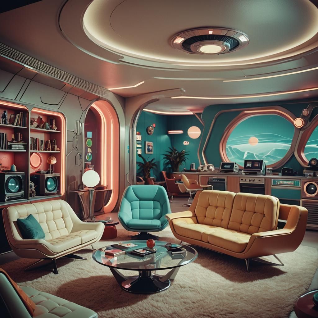 Retro Futurism Living Room with Cinematic Lighting