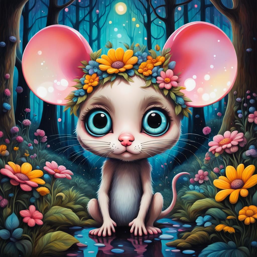 Chibi Mouse in Enchanted Forest, Graffiti Art Style