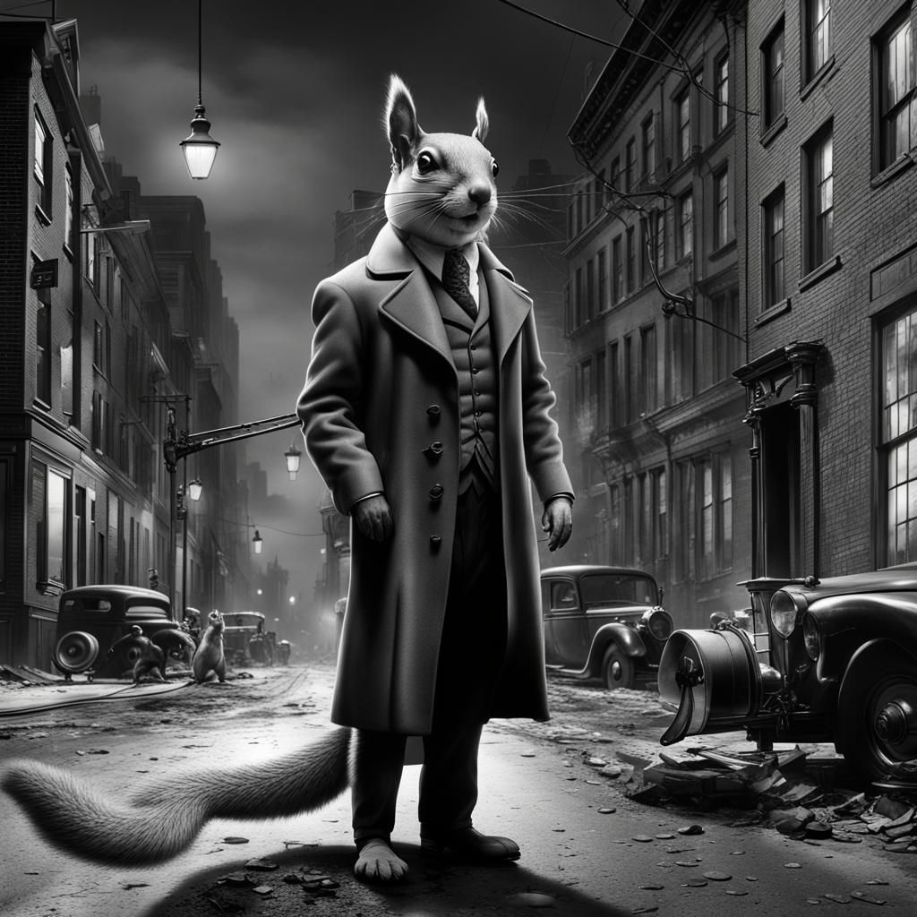 Squirrel Detective in Noir Cityscape