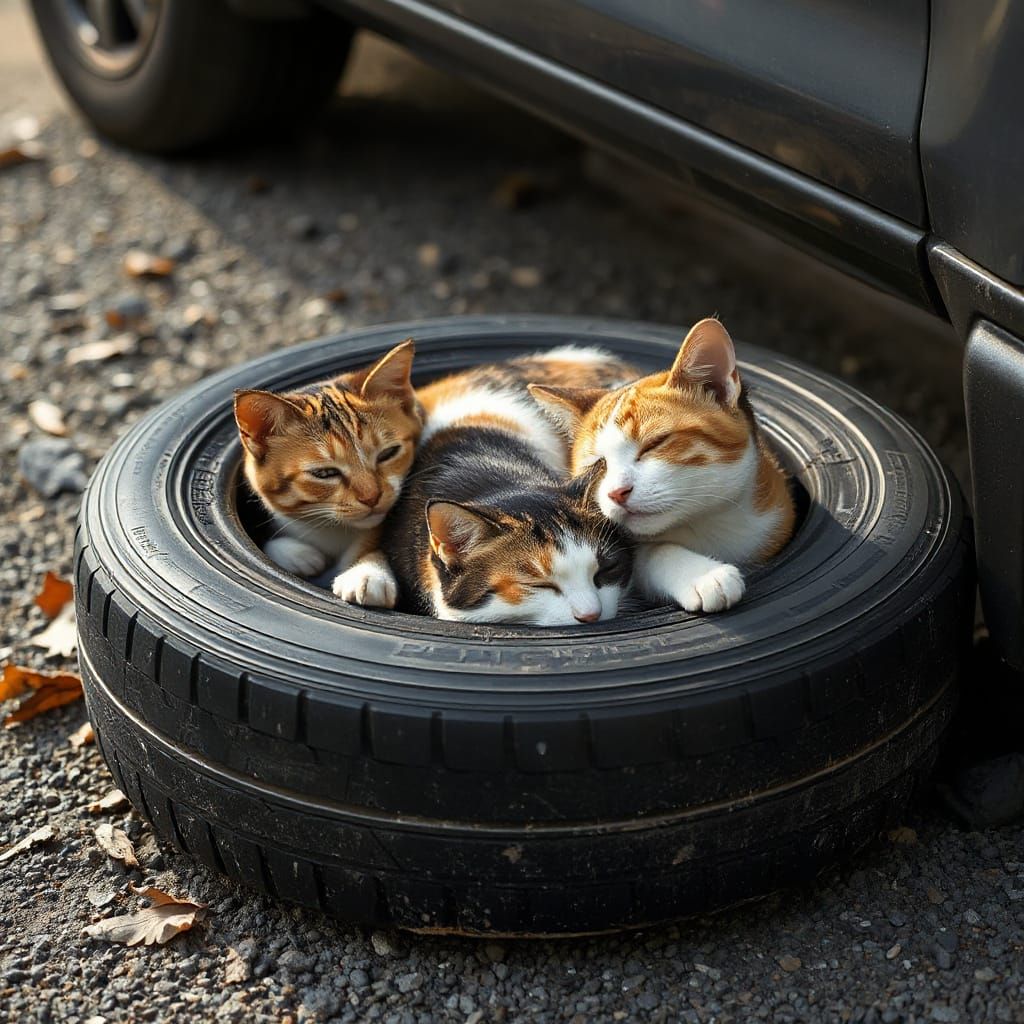 Three Calico Cats Sleeping Inside Car Tire