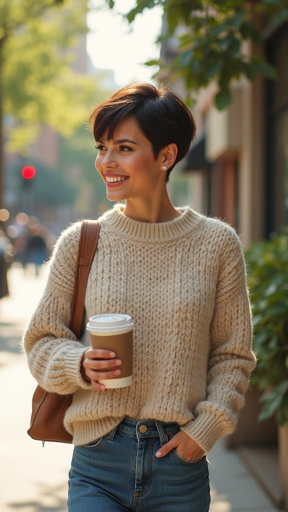 Woman with Pixie Cut Enjoying Coffee and Nature in Whimsical...