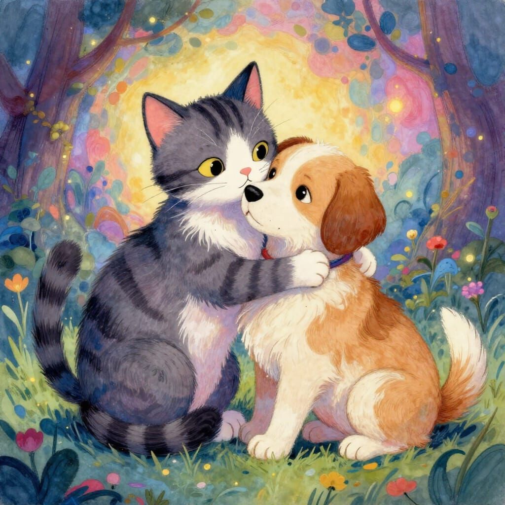 Whimsical Cat and Dog Embrace in Fairytale Style
