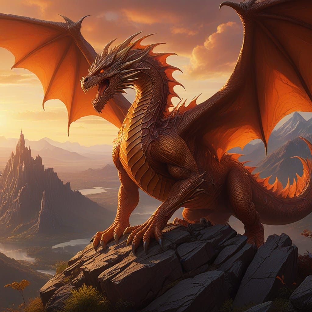 Fearsome Dragon Over Burning Village in Crimson and Orange H...